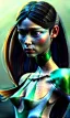 Placeholder: young girl, cute, beautiful, long hair, black hair, light green skin, flat nose, black eyes, big eyes, turquoise dress, head and shoulders portrait, 8k resolution concept art portrait by Greg Rutkowski, Artgerm, WLOP, Alphonse Mucha dynamic lighting hyperdetailed intricately detailed