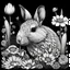 Placeholder: black and white Patagonian Mara between seeds and big flowers black background. for a coloring. with grayscale