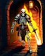 Placeholder: A frightening castle dungeon hallway with a skeleton warrior in rusty chainmail holding a burning torch painterly rpg art