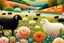 Placeholder: Create a vibrant pastoral scene featuring a colorful landscape. In the foreground, two sheep stand among flowers: one is black with a smooth texture, and the other is white and fluffy. Surrounding them are various stylized flowers in hues of orange, pink, and cream. The midground features a gentle rolling terrain with black sheep and white sheep grazing peacefully, some scattered throughout the grassy field. Towards the background, a serene river winds through the landscape, reflecting the soft