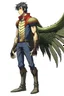 Placeholder: Anime man side character with dark , hybrid with (dinosaur and wings),small muscles, aged 30, wearing a (dinosaur with wings )superhero suit