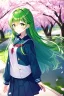 Placeholder: girl, masterpiece, best quality, cinematic lighting, detailed outfit, vibrant colors, perfect eyes, long hair, green hair, green eyes, hairclip, outdoors, ray tracing, god rays, in spring, cherry blossom, sparkle, depth of field, smile, school outfit,