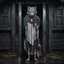 Placeholder: a short, thin very sad young gray hairbody anthropomorphic wolf female and wears a little with cloth around the waist stands in front of the camera in rain, an strong anthropomorphic wolf man stands behind the door in a wooden house, dark deep colors, sharp focus, rainy day, high contrast, high detail, atmospheric, dark fantasy, sci-fi