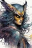 Placeholder: ink wash and watercolor concept illustration of a fanciful hybrid Owl girl character with wildly flowing hair, ornately dressed with highly detailed feathers and facial features in the comic book style of Bill Sienkiewicz and Jean Giraud Moebius, with a fine art aesthetic, highly detailed , boldly inked, 4k UHD cinegraphic quality