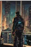 Placeholder: man, cyberpunk, looking out a window at the city, comic book art style, geek, engineer,