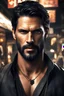 Placeholder: Adult man fusing Joe Manganiello+Manu Bennett's features, fair complexion, sporting short hair, intense eyes, warrior nomad, walking through a market, revealing black clothing, necklace, portrait, digital art, dramatic lighting, high detailed