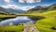 Placeholder: View in the English Lake District with beautiful sky, late afternoon spring sunshine, stone walls enclosing the fields, mountains and U-shaped valleys, large deep lake, calm, peaceful, tranquil, rule of thirds, beautiful composition, exquisite detail