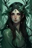Placeholder: Young beautiful female Hexblood Warlock, long dark brown-black hair styled in elegant half-braids, glowing pale emerald-green eyes, delicate facial features. Thin twisted black thorn-like branches grow naturally from one side of her head, weaving seamlessly through her hair like an eerie crown, with tiny dark leaves and vine-like roots blending into her scalp. Faint dark vine markings trail along her neck and collarbone. Dark fantasy, realistic, cinematic, highly detailed.