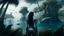 Placeholder: Detailed matte painting of a wide-angle shot of a woman, standing on the right side of an alien beach, with dark hair in a silver robotic catsuit, many large floating creatures with shells and long tentacles, alien jungle trees in the distance