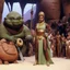 Placeholder: [1960’s stop-motion animation style of Reina guerras de las galaxias] grace jones, in princess Leia's slave costume, close to Jabba the Hutt.