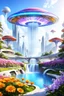 Placeholder: very beautiful, flowers, garden, cité futuriste ultra moderne, ufos, cascade colorée, dômes