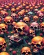 Placeholder: a field of skulls growing from the ground like fungus, multi colored, bright, vivid, psychedelic high detailed, matte,s