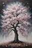 Placeholder: Acrylic painting of a cherry tree in bloom painted in isolation, flower petals like fine splatters falling on the ground, dense blooms, rich crown, night sky background, muted colours, fine details, dream like, atmospheric, highly detailed tree