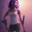 Placeholder: revy black lagoon, purple hair, black tank top, jean shorts, tribal sleeve left arm, portrait shinkai makoto, studio ghibli, studio key, madhouse anime studio, artgerm, lau rossdraws james jean marc simonetti pixiv