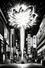 Placeholder: explosion on the streets of Tokyo, greyscale