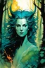 Placeholder: create a wildly conceptual closeup full body print illustration of a feral female mage with highly detailed hair and feminine facial features, in an ethereal, otherworldly ,ancient summer forest , in the comic book art style of Bill Sienkiewicz, Mike Mignola, Sparth, and Jean Giraud Moebius, finely drawn, colored, and inked, suffused with dramatic natural light and shadow of sunset