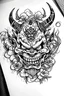 Placeholder: Old school tattoo sketch, black and white, sakura, japan demonic mask