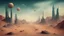 Placeholder: A Mirage In The Wastelands || surreal landscape, in the styles of Salvador Dali and Rene Magritte and Max Ernst, mixed media, imperial colors, cinematic, sharp focus, highest resolution