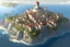 Placeholder: a large fantasy seaside white metropolis, realistic artstyle, large castle on a hill near the coast, big walls, tall towers, red roofs, high perspective, king's landing, constantinople, bird's eye view, high view