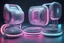 Placeholder: detail shot of 4 plastic devices: 3 grouped together one stands apart futuristic, hyperrealistic 16k, 3d rendering, expressively detailed, dynamic light, neon lighting,