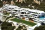 Placeholder: Day in algarve, aerial architectural view, modern luxury villas architecture building WITH STRAIGHT LINES AND CANNOPY in white render and wood stripe vertical elements with gold details and a modern luxury hotel building with two floors and extending covered terraces cascading, pinus pinea overlooking the golf course, green roofs and pools, sloped land with pinus pinea, hyper realistic 8k ultra render