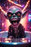 Placeholder: portrait through dirty warped lens of ultimate transcendent happy disco ball pimp gremlin vampire alien frown with spotlights and huge dripping tounge sticking head out of a bathtub portal, in front of space portal dimensional glittering device, bokeh like f/0.8, tilt-shift lens 8k, high detail, smooth render, down-light, unreal engine, prize winning