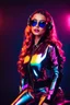 Placeholder: Beautiful woman,fashion style,latex suit,good body, headphone with sunglasses colorsfull ,background neon light