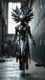 Placeholder: A centering dynamic view action showcasing the fusion of picasso and Neumorphic elements, depicting a fully fantasy male mecha-boy. Its intricate mechanisms are driven by interlocking dress and complex mechanical blade embedded throughout its massive deco frame. Stance walk on black mechtech wall abandone factory. no camera