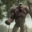 Placeholder: huge giant upright ape hybrid human, grey black, destroying a tree in forest, bigfoot, angry, big muscles