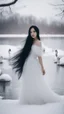 Placeholder: A girl with long black hair wearing a white dress. stands in front of Swan Lake surrounded by snow.cinematic