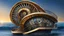 Placeholder: midle soot A stunning Nautilus shell house with a nautilus shell metal stair wide shot standing in the sea waves backdrop the deep blue Sea in golden hour, dark metallic, steampunk, hyperrealistic photo, Digital painting, Highly detailed, Sharp Focus, unusual spiral fractal architecture