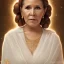 Placeholder: hyperspace background, complete and photo realistic detailed head to waist stunning photo realistic portrait of carrie fisher as Princess Leia in star wars with photo realistic wedding hairstyle by Mandy Jurgens and mucha and Richard Schmid and chuck close and chie yoshii, extraordinary and detailed ceremony dress of star wars,brown eyes