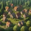 Placeholder: aereal view of several small buildings surround by trees, trending on artstation, bloom, in a distance