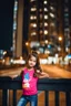 Placeholder: Little 6 years old beautiful girl perfect face,1girl wearing a pretty shirt and jean pant, standing pose,modern city ,night view