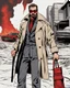 Placeholder: a young man with big muscles who looks like hans gruber wearing a trench coat and red sunglasses staring with an irritated look on his face standing in front of a fire