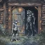 Placeholder: fantasy digital art of young female anthro wolf in gray hairy wolf body and wears just a short canvas rag around her waist , sadly crying face stands in the rain front the door, behind her an tall anthro dark hairy wolf man standing behind in rustic halb open door in an massive wooden house, deep colors, rainy day, detailed, anthropomorphic creatures, fantasy, sci-fi mood