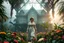 Placeholder: Victorian green open house overtaken by jungle, exotic birds nesting in iron rafters, morning mist, lost paradise atmosphere,a pretty model lady in victorian clothing walking in flowers to camera that capture closeup full body shot of her majesty.