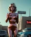 Placeholder: Ultra Realistic retro sci-fi movie Supermarket parking scene, 1960 year, waist up view portrait, a super giant blonde woman, sweet teenager Jane Fonda face, perfect iris, glow eyes, face makeup, tight latex coat, many people, Retro sci-fi style, soft color, highly detailed, unreal engine 5, ray tracing, RTX, lumen lighting, ultra detail, volumetric lighting, 3d, finely drawn, high definition, high resolution.