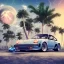 Placeholder: 1980's aesthetic vaporwave palm trees and spheres and Porsche with lightning