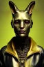 Placeholder: Medium Close Up Portrait, Front image. cyberpunk, rabbit mask, sweet woman, gold hair. Leather, feather suit. Yellow, red, color. Tim burton style. Color background, photo studio. Avatar image, highly detailed, concept art, smooth, unreal engine 5, ray tracing, RTX, lumen lighting, ultra detail, volumetric lighting, 3d, finely drawn, high definition, high resolution.