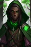 Placeholder: Male wood elf, rogue assassin, brown skin, bright green eyes, mauve longish hair, hooded black leather, friendly, trees, stoner