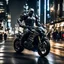 Placeholder: full image street photography art full body batman Dark Knight mechanical robo warrior character, anthropomorphic figure, wearing futuristic mecha warrior armor and weapons, on night city street driving ducati motorsports