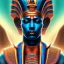 Placeholder: 3D close-up of a Egyptian god Osiride, high contrast, glowing backlighting, blue and red backlighting, vibrant hair, dark brown eyes, sharp focus, face painting, background blur.