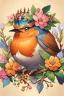 Placeholder: This enchanting, extremely detailed watercolor features a 3/4 closeup portrait of a vibrant Robin, adorned with flowers and a foliage crown, setting on a branch against a heavily textured beige background. nature and whimsy in a botanical style. The piece boasts warm orange and cool blue hues. .