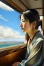 Placeholder: Neoclassicism japanese woman looking at window to sky in train realistic cote d'azur painting