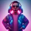 Placeholder: stylized Rabbit toddler, smiling, cyberpunk headphone, sunglass, gangsta neckless, full body, magenta puffer jacket, manila city background, dramatic lighting, hyper realistic, unreal engine 5, 16k