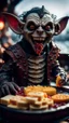 Placeholder: portrait of a vampire werewolf gremlin with mustage eating cheese doodles and the blood of fish on a viking ship, in the style of Giger,bokeh like f/0.8, tilt-shift lens 8k, high detail, smooth render, down-light, unreal engine, prize winning