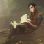 Placeholder: full body shot of calm elf in brown suit reading a pompous book, fantasy character