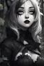 Placeholder: CAT GIRL, goth, forest, nature, cartoon, leaves, black and white hair, boobs, portrait, colour iamge