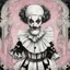 Placeholder: Storybook illustration of a Pierrot Clown, black and white with pink accents, Beardsely style, art nouveau elements, vintage drawing, pierrot vintage, black and white marble floor